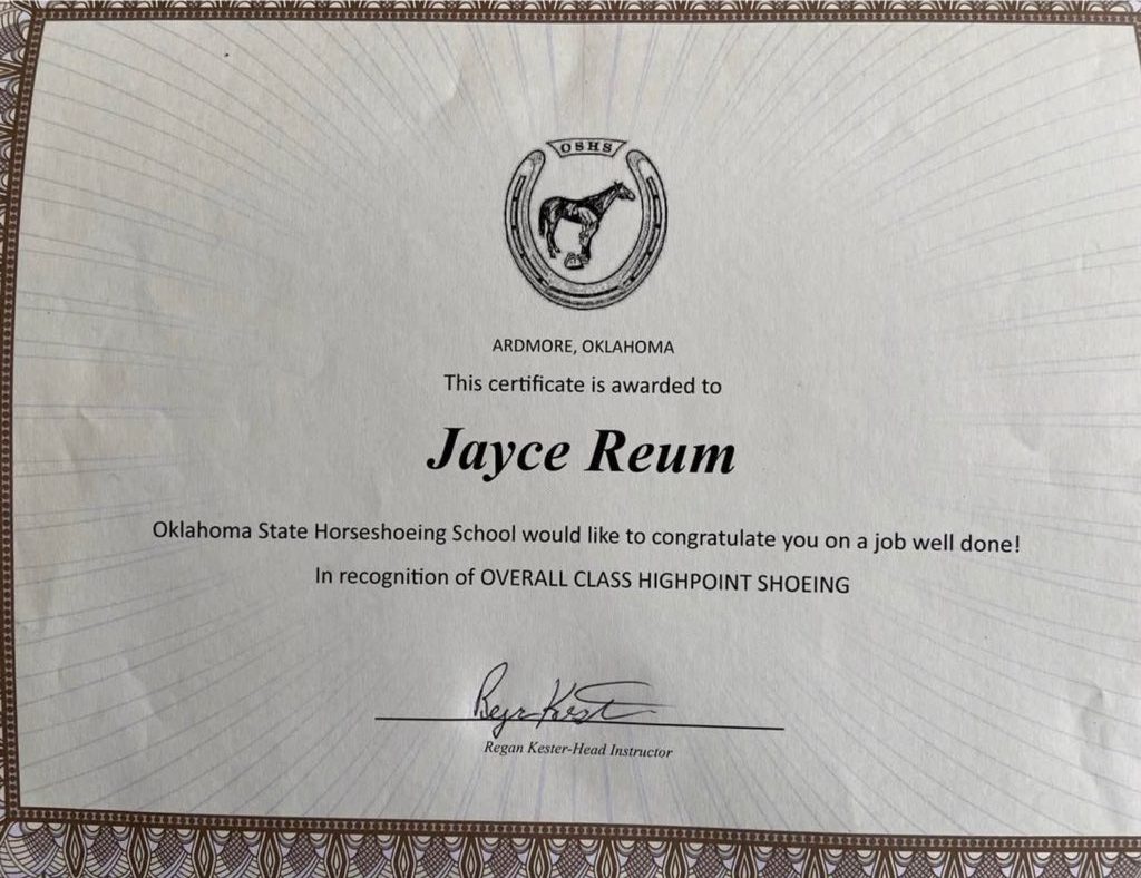 Overall Class Highpoint Shoeing award certificate — Oklahoma State Horseshoeing School, Jayce Reum